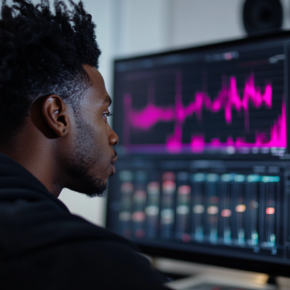 Dynamics in Music. Music producer balancing dynamics on a digital workstation in a recording studio