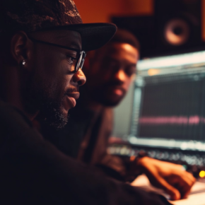 Mixing & Mastering for Streaming. A music artist and sound engineer refining a track in a professional studio