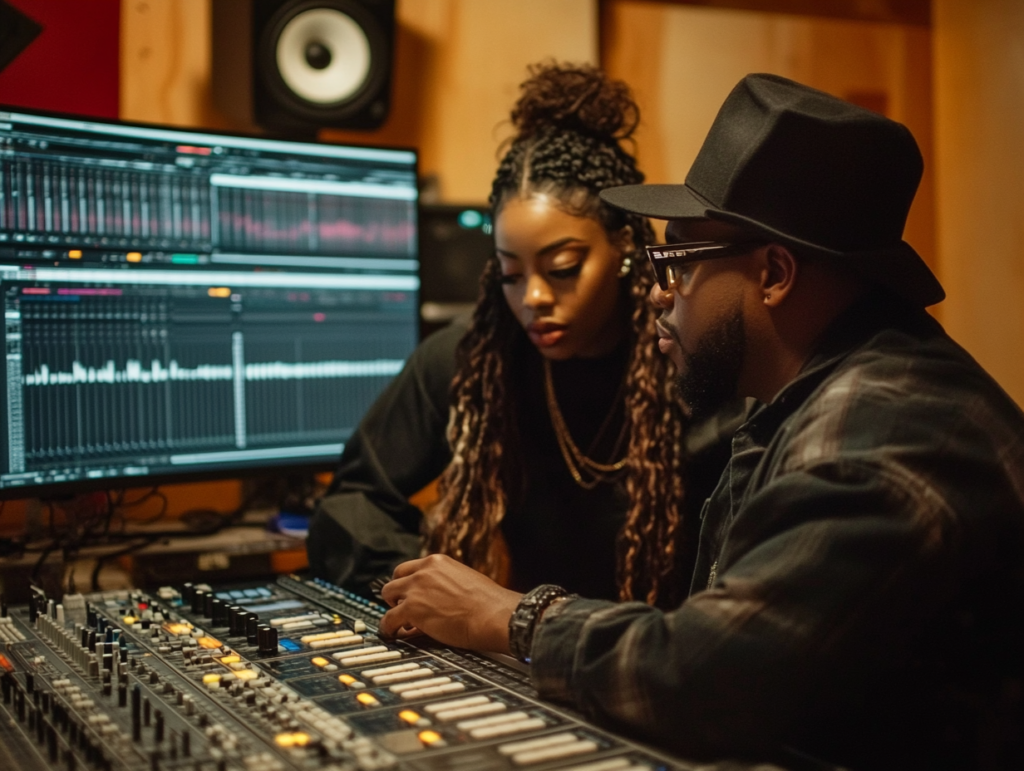 Track versions. A music artist and sound engineer reviewing multiple track versions in a recording studio