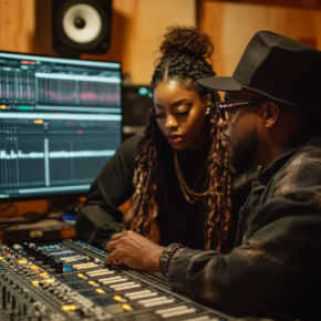 Track versions. A music artist and sound engineer reviewing multiple track versions in a recording studio