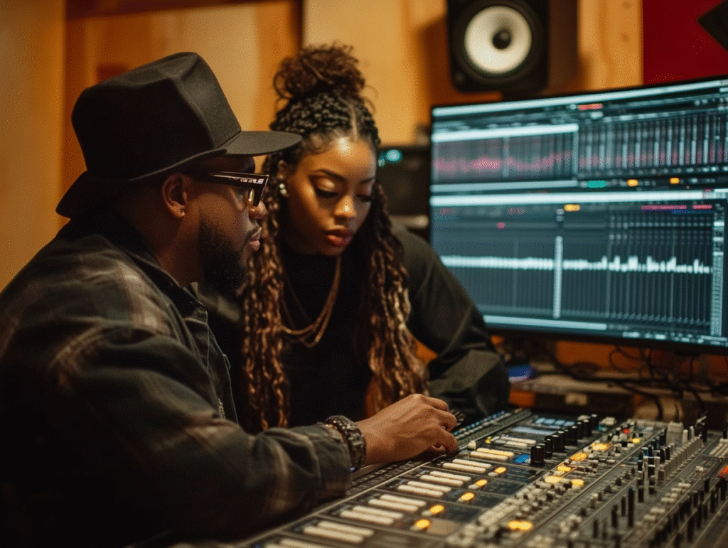 Track versions. A music artist and sound engineer reviewing multiple track versions in a recording studio