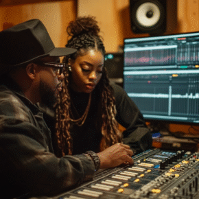Track versions. A music artist and sound engineer reviewing multiple track versions in a recording studio