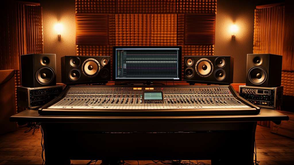 A professional music studio with mixing equipment and organized tracks on a screen