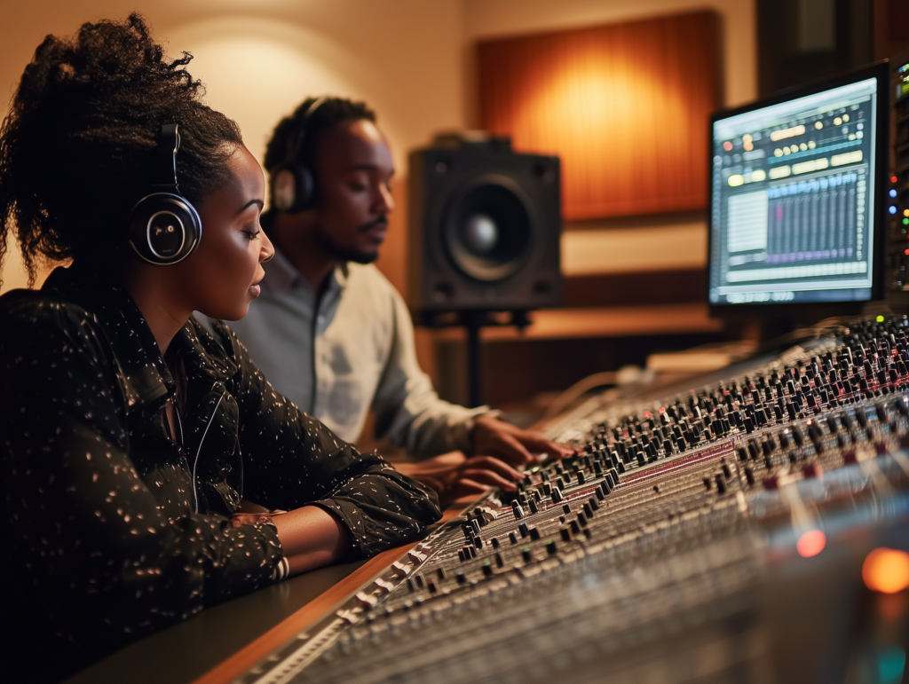 Mixing vs. mastering. Two music professionals collaborating in a recording studio, mixing and mastering tracks