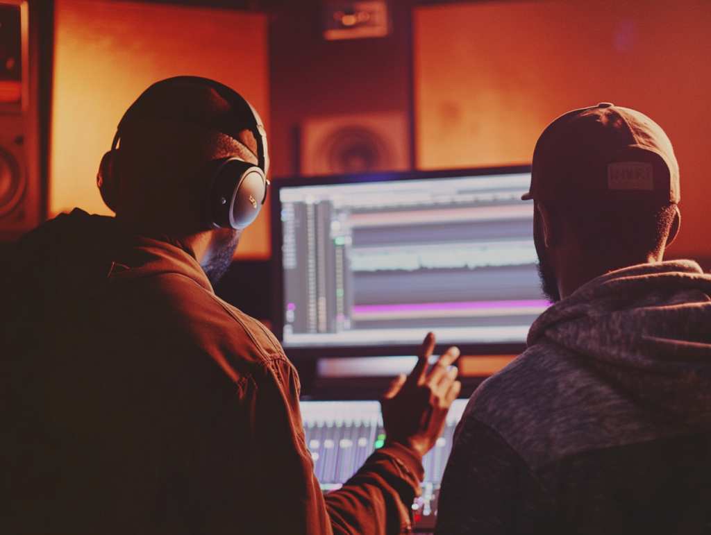 Unlimited Revisions for Artists. A music artist and producer collaborating in a professional recording studio.