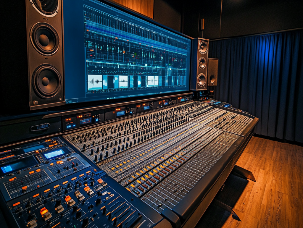 A music producer organizing and preparing audio tracks for mixing in a professional recording studio