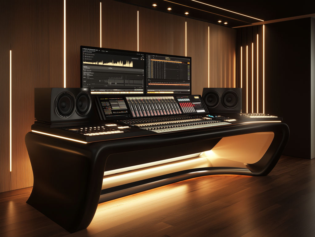 Best Reference Track. Professional music studio setup with mixing console and reference track display.